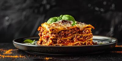 Delicious lasagna with meat sauce and cheese on dark background, hd photography of food, delicious bolognese pasta in the style of seihebricommerce stock photo contest winner. High quality photo