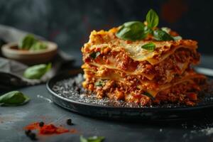 Delicious lasagna with meat sauce and cheese on dark background, hd photography of food, delicious bolognese pasta in the style of seihebricommerce stock photo contest winner. High quality photo