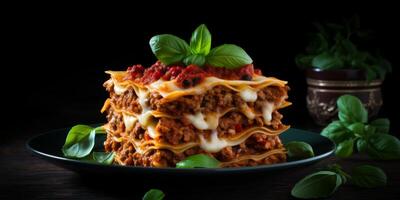 Delicious lasagna with meat sauce and cheese on dark background, hd photography of food, delicious bolognese pasta in the style of seihebricommerce stock photo contest winner. High quality photo