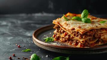 Delicious lasagna with meat sauce and cheese on dark background, hd photography of food, delicious bolognese pasta in the style of seihebricommerce stock photo contest winner. High quality photo