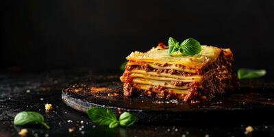 Delicious lasagna with meat sauce and cheese on dark background, hd photography of food, delicious bolognese pasta in the style of seihebricommerce stock photo contest winner. High quality photo