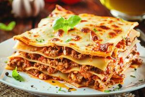 Delicious lasagna with meat sauce and cheese on dark background, hd photography of food, delicious bolognese pasta in the style of seihebricommerce stock photo contest winner. High quality photo