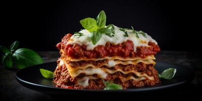 Delicious lasagna with meat sauce and cheese on dark background, hd photography of food, delicious bolognese pasta in the style of seihebricommerce stock photo contest winner. High quality photo