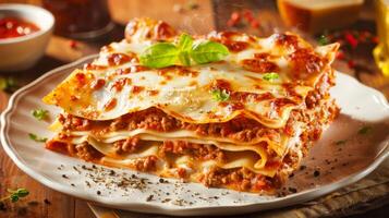 Delicious lasagna with meat sauce and cheese on dark background, hd photography of food, delicious bolognese pasta in the style of seihebricommerce stock photo contest winner. High quality photo