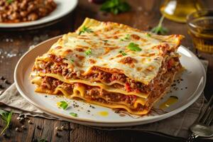 Delicious lasagna with meat sauce and cheese on dark background, hd photography of food, delicious bolognese pasta in the style of seihebricommerce stock photo contest winner. High quality photo