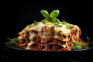 Delicious lasagna with meat sauce and cheese on dark background, hd photography of food, delicious bolognese pasta in the style of seihebricommerce stock photo contest winner. High quality photo