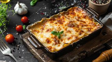 Delicious lasagna with meat sauce and cheese on dark background, hd photography of food, delicious bolognese pasta in the style of seihebricommerce stock photo contest winner. High quality photo