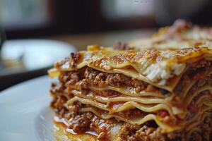 Delicious lasagna with meat sauce and cheese on dark background, hd photography of food, delicious bolognese pasta in the style of seihebricommerce stock photo contest winner. High quality photo