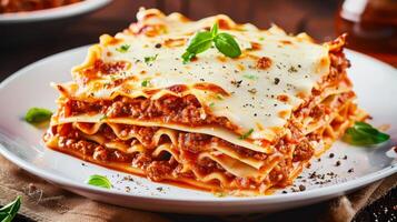 Delicious lasagna with meat sauce and cheese on dark background, hd photography of food, delicious bolognese pasta in the style of seihebricommerce stock photo contest winner. High quality photo