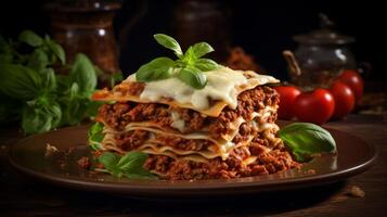 Delicious lasagna with meat sauce and cheese on dark background, hd photography of food, delicious bolognese pasta in the style of seihebricommerce stock photo contest winner. High quality photo