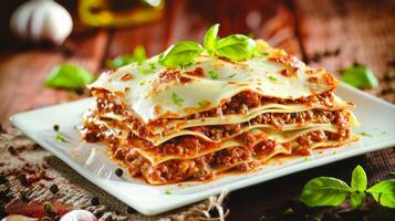 Delicious lasagna with meat sauce and cheese on dark background, hd photography of food, delicious bolognese pasta in the style of seihebricommerce stock photo contest winner. High quality photo