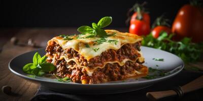 Delicious lasagna with meat sauce and cheese on dark background, hd photography of food, delicious bolognese pasta in the style of seihebricommerce stock photo contest winner. High quality photo