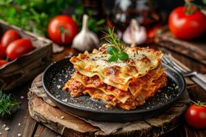 Delicious lasagna with meat sauce and cheese on dark background, hd photography of food, delicious bolognese pasta in the style of seihebricommerce stock photo contest winner. High quality photo