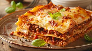 Delicious lasagna with meat sauce and cheese on dark background, hd photography of food, delicious bolognese pasta in the style of seihebricommerce stock photo contest winner. High quality photo