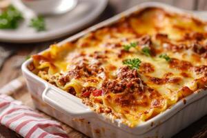 Delicious lasagna with meat sauce and cheese on dark background, hd photography of food, delicious bolognese pasta in the style of seihebricommerce stock photo contest winner. High quality photo