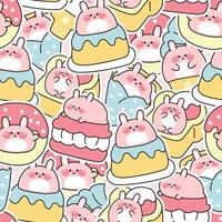 Seamless pattern of cute fat rabbit sticker in dessert and sweet bakery concept background vector