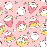 Seamless pattern of cute fat hen with flower in dessert and sweet bakery concept pink background.Ice cream,crepe,pudding,honey toast.Farm animal character cartoon.Kawaii.Illustration. vector