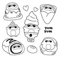 Coloring page.Painting book for kid.Cute fat penguin in dessert and sweet bakery concept.Ice cream,crepe,chucream,roll cake.Bird animal character cartoon.School student.Nursery.Kawaii. vector