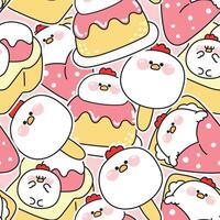 Seamless pattern of cute fat hen sticker in dessert and sweet bakery concept background.Ice cream,crepe,pudding,honey toast.Farm animal character cartoon.Kawaii.Illustration. vector