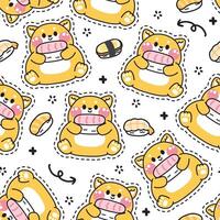 Seamless pattern of cute shiba inu dog with sushi on white background.Japanese pet animal character cartoon design.Japanese food.Image for card,baby product,print screen clothing.Kawaii. vector