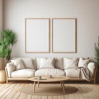 Simple living room with beige couch and empty frames. photo