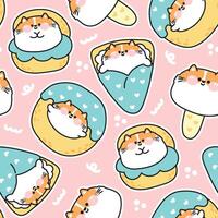 Seamless pattern of cute cat with dessert and sweet bakery on pink background.Ice cream,crepe,chucream,donut hand drawn.Pet animal character cartoon design.Kawaii.Illustration. vector