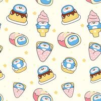 Seamless pattern of cute fat penguin with star in dessert and sweet bakery concept background.Ice cream,crepe,chucream,roll cake.Bird animal character cartoon.Kawaii.Illustration. vector