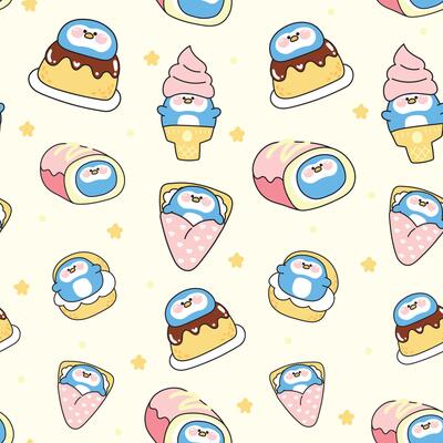 Seamless pattern of cute fat penguin with star in dessert and sweet bakery concept background.Ice cream,crepe,chucream,roll cake.Bird animal character cartoon.Kawaii.Illustration.