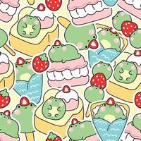 Seamless pattern of cute frog sticker dessert and sweet bakery concept background.Ice cream,crepe,honey toast,strawberry.Reptile animal character cartoon.Kawaii.Illustration. vector