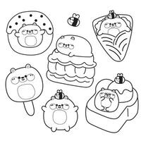 Coloring page.Painting book for kid.Cute fat teddy bear in dessert and sweet bakery concept.Ice cream,crepe,macaron,honey toast.Wild animal character cartoon.Kawaii.Illustration. vector