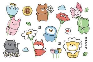 Set of cute animals with flower in various poses.Spring.Summer.Cartoon character.Rabbit,teddy bear,cat,fox,penguin,dog,frog hand drawn.Florals.Kawaii.Illustration. vector