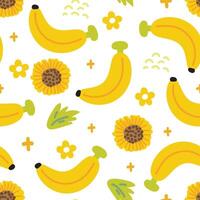 Semless pattern of cute banana with sunflower and leaf on white background.Fruit and vegetables hand drawn.Image for card,poster,clothing print screen.Kawaii.Illustration. vector