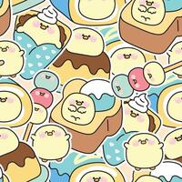 Seamless pattern of cute fat chicken sticker in dessert and sweet bakery concept background.Ice cream,crepe,roll cake,honey toast,dango.Farm animal character cartoon.Kawaii.Illustration. vector