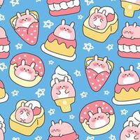 Seamless pattern of cute fat rabbit in dessert and sweet bakery concept with star background.Ice cream,crepe,honey toast,donut,pudding,macaron.Animal character cartoon.Kawaii.Illustration. vector