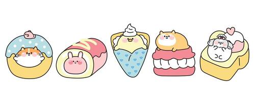 Set of cute fat animals in dessert and sweet concept.Cartoon.Cat and fish in donut.Rabbit in roll cake.Chicken crepe.Shiba inu dog on macaron.Dog ice cream honey toast.Kawaii.Illustration. vector