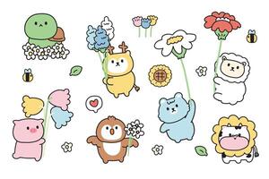 Set of cute animals with flower in various poses.Summer.Spring.Turtle,pig,owl,deer,bear,sheep,cow hand drawn.Cartoon character.Florals.Kawaii.Illustration. vector