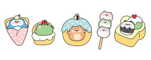 Set of cute fat animals in dessert and sweet concept.Cartoon.Penguin crepe.Crocodile in chucream.Teddy bear with bee donut.Shiba inu dango.Panda ice cream honey toast.Kawaii.Illustration. vector