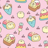 Seamless pattern of cute fat chicken in dessert and sweet bakery concept with cherry pink background.Ice cream,crepe,roll cake,honey toast,dango.Farm animal character cartoon.Kawaii. vector