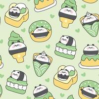 Seamless pattern of cute fat panda bear in dessert and sweet bakery concept with heart green background.Ice cream,crepe,honey toast,donut,pudding.Wild animal character cartoon.Kawaii vector