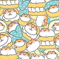 Seamless pattern of cute cat sticker with dessert and sweet bakery background.Ice cream,crepe,chucream,donut,macaron,roll cake hand drawn.Pet animal character cartoon design.Kawaii.Illustration vector