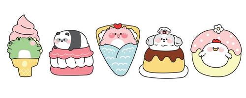 Set of cute fat animals in dessert and sweet concept.Cartoon.Crocodile ice cream.Panda bear stay on macaron.Pig in crepe.Dog face pudding.Hen donut.Kawaii.Illustration. vector