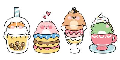 Set of cute chubby animals in dessert sweet and beverage.Cat,pig,teddy bear,crocodile hand drawn.Cartoon animal character collection.Ice cream.Donut.Coffee.Bubble milk tea.Kawaii.Illustration. vector