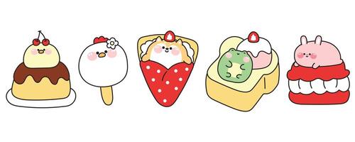 Set of cute fat animals in dessert and sweet concept.Cartoon.Chicken cherry pudding.Hen face ice cream.Shiba inu dog crepe.frog ice cream honey toast.Rabbit macaron.Kawaii.Illustration. vector