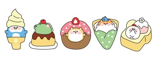 Set of cute fat animals in dessert and sweet concept.Cartoon.Penguin ice cream.Crocodile face pudding.Shiba inu dog in strawberry donut.Cat and fish in crepe.Hen ice cream honey toast.Kawaii. vector