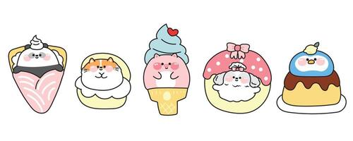 Set of cute fat animals in dessert and sweet concept.Cartoon.Panda bear crepe.Cat in chucream.Pig ice cream.Dog greetg donut.penguin face pudding.Kawaii.Illustration.in vector