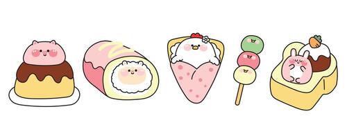 Set of cute fat animals in dessert and sweet concept.Cartoon.Pig pudding.Sheep in roll cake.Hen in crepe.Chicken dango.Rabbit stay on ice cream honey toast.Kawaii.Illustration. vector