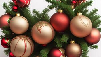 Christmas tree with red and gold balls on white background, closeup photo