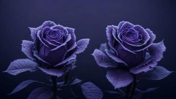 hermosa púrpura rosas con agua gotas en oscuro antecedentes. enamorado amor concepto foto