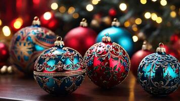 Colorful Christmas ornaments on Christmas tree bokeh background photo