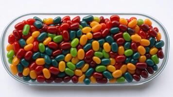 Colorful candies in glass container on white background. Top view. photo